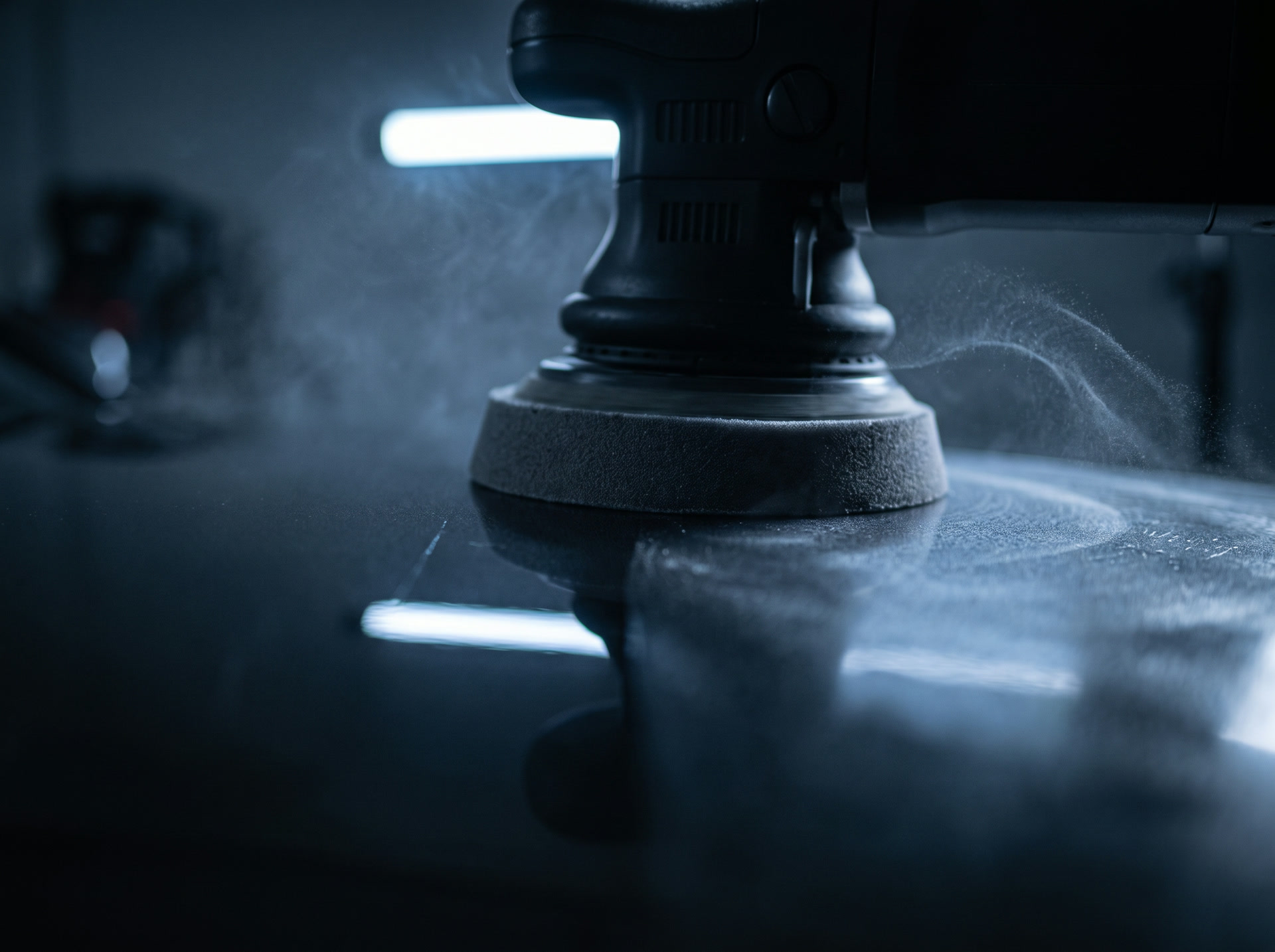 A polishing machine pad resting on a dark panel, mid correction