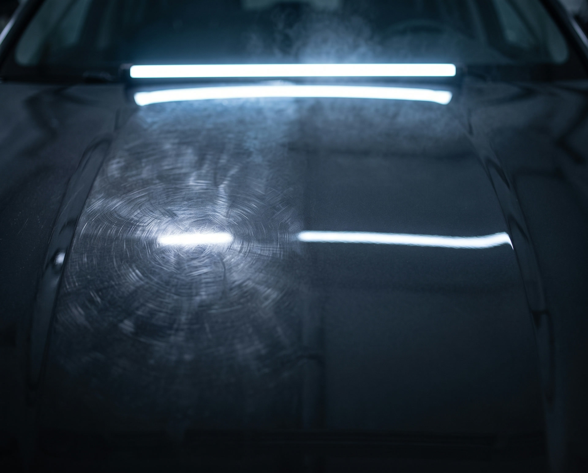 A graphite panel under an inspection light, half corrected and half showing fine swirl marks